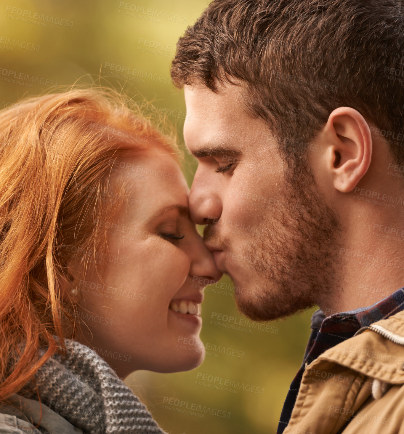 Buy stock photo Date, kiss and couple closeup with love in park nature on holiday adventure or relax on vacation in woods. Together, man and woman with support and care in marriage and travel forest in morning