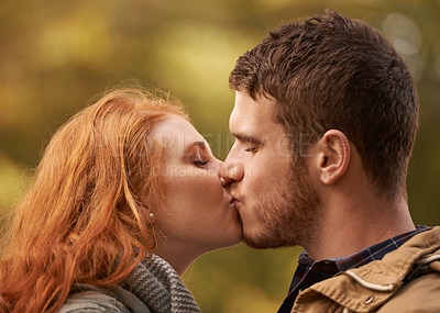 Buy stock photo Couple, kiss and outdoor for romance and passion for  romantic, dating and relationship together. Boyfriend, girlfriend and young people with eyes closed for adoration, happy and love for bonding