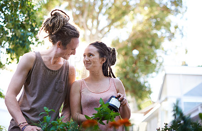 Buy stock photo Happy couple, man and woman with plants in garden, harvest and sustainability of herbs for growth. People, working and caring for vegetables together with smile, dating and bonding in relationship