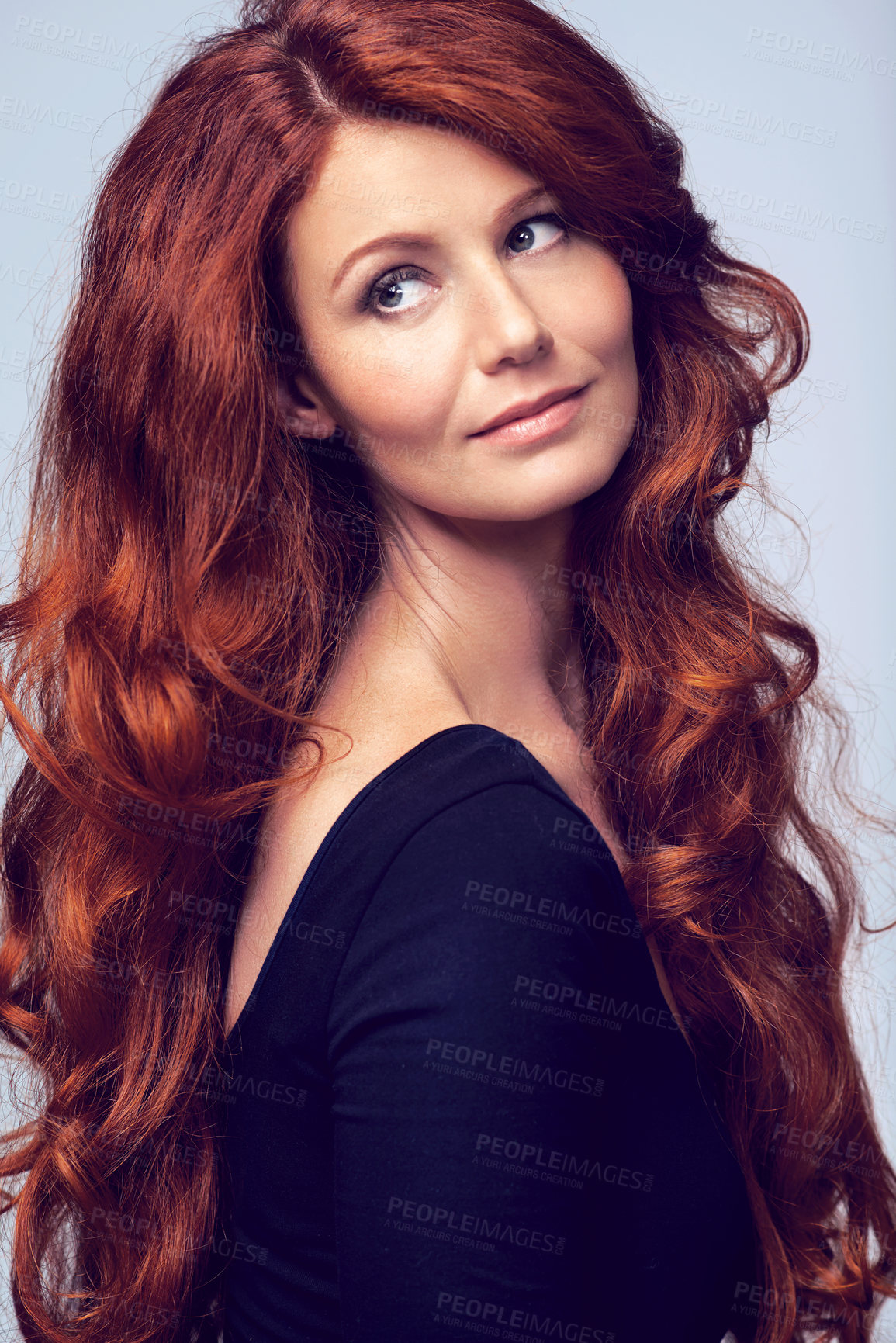 Buy stock photo Red hair, beauty and ginger model in studio for keratin treatment, wellness and haircare on white background. Salon, hairdresser and woman or person thinking with shine, healthy and natural hairstyle