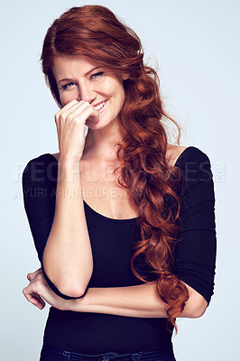 Buy stock photo Portrait, haircare and cosmetic treatment for happy female, spa and salon on studio background. Beauty, plait and healthy hair for Scottish woman model, hand and keratin for redhead or ginger lady