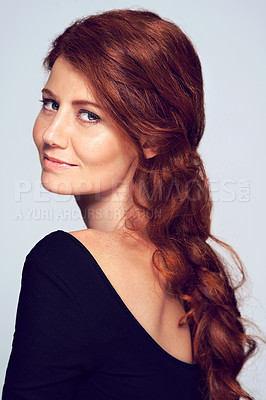 Buy stock photo Studio, hairstyle and ginger woman in portrait for keratin treatment, wellness and haircare on white background. Salon, hairdresser and person with smile for shine, healthy and natural hair for daily