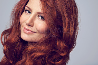 Buy stock photo Ginger, beauty and portrait of woman with hair care in studio, background and mockup. Cosmetics, makeup and red dye for natural shine and color on hairstyle or healthy skincare from dermatology