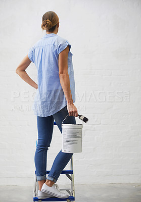 Buy stock photo Woman, ladder and paintbrush for renovation in home, remodeling and maintenance in apartment. Female person, ladder and equipment for interior upgrade, diy and back tool for house repairs or project