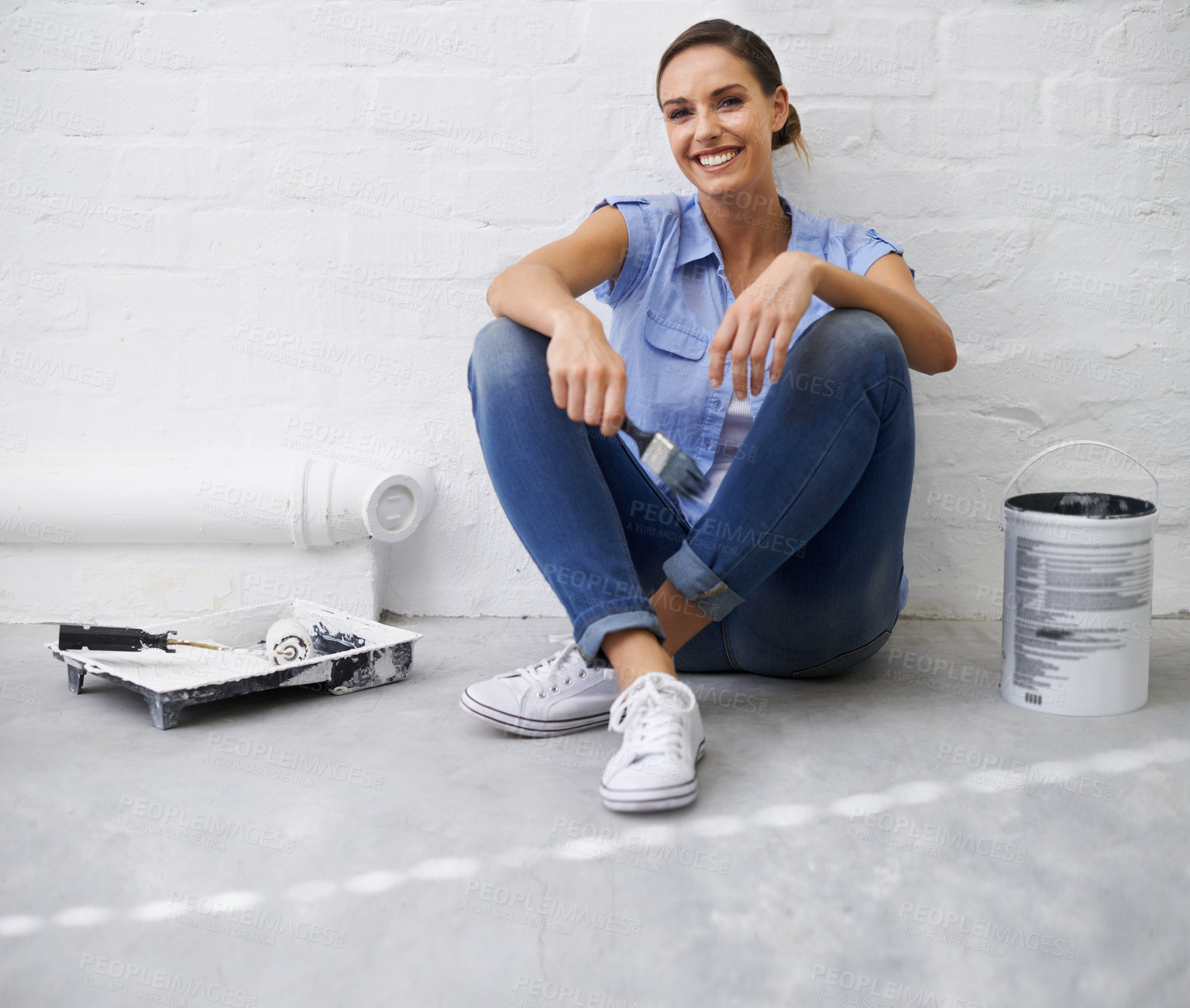 Buy stock photo Woman, portrait and brush for paint in home, remodeling and maintenance in apartment. Happy female person, floor and equipment for interior upgrade, diy and tool for house repairs or renovation