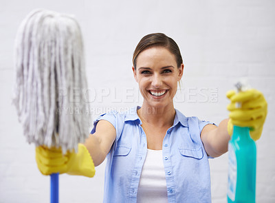 Buy stock photo Mop, spray and portrait of woman in bathroom, cleaning home or hotel with smile. Housework, mission and girl, housekeeper or happy cleaner service washing dirt, germs and sanitation in apartment