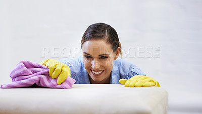 Buy stock photo Woman, gloves and cleaning table or rag, disinfection and remove dirt or bacteria for maintenance. Female person, housekeeeping and wash with detergent or sanitation, home and chemical for germs