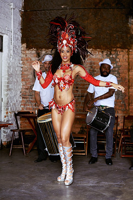Buy stock photo Women, samba dancer and happy at carnival, stage and band with fashion, culture and creativity in nightclub. Girl, people and dancing with music, drums and tradition for celebration in Rio de Janeiro