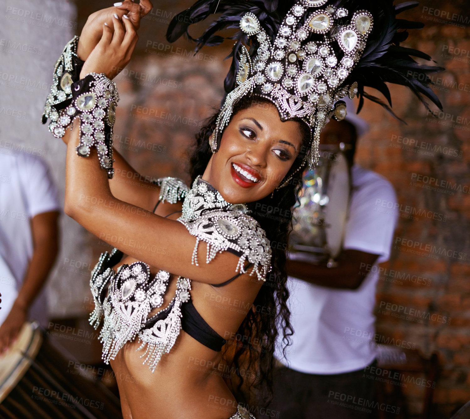 Buy stock photo Dancer, samba and performance with festival, smile and makeup for concert or party. Brazilian woman, celebration and feather for culture, talent and creative artist for rio de janeiro carnival event