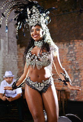 Buy stock photo Women, samba dancer and happy at carnival, stage and band with fashion, culture or creativity in nightclub. Girl, people and dancing with music, drums or tradition for celebration in Rio de Janeiro