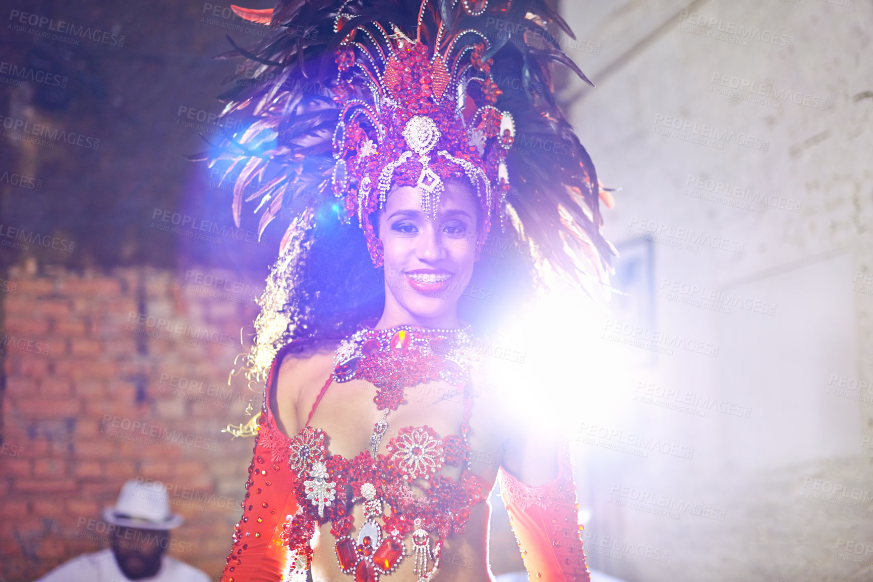 Buy stock photo Woman, samba and performance with portrait, smile and makeup for concert or party. Brazilian dancer, celebration and feather for culture, talent and creative artist for rio de janeiro carnival event