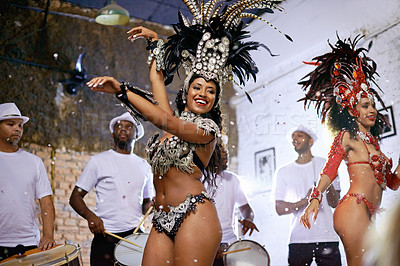 Buy stock photo Woman, happy and dancer with concert at carnival, band or show for smile, culture or creative in nightclub. Girl, people and dancing to music, performance or fashion for celebration in Rio de Janeiro