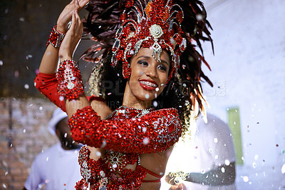 Buy stock photo Cropped shot of an attractive ethnic female wearing traditional Mardi Gras wear