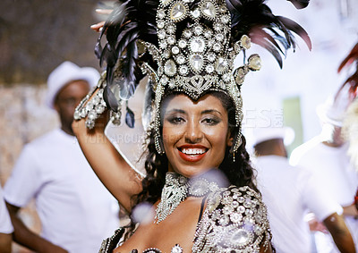 Buy stock photo Portrait, happy woman and dancer at carnival with band for performance, party or celebration. Face, samba and Brazilian person at music festival in feather costume, makeup and smile at concert event