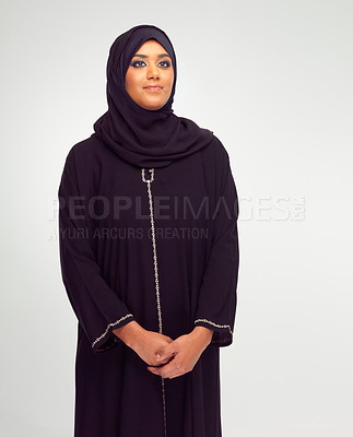 Buy stock photo Beauty, muslim and young woman in studio with a traditional, religious and modern dress. Religion, hijab and islam female model in an islamic culture outfit and headscarf isolated by white background