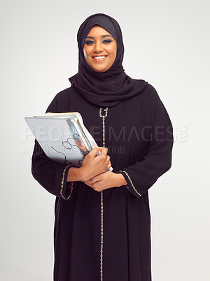 Buy stock photo Portrait, islam and books with a student woman in studio on a gray background for learning or education. Muslim, university and study with an islamic female at college to study on a scholarship