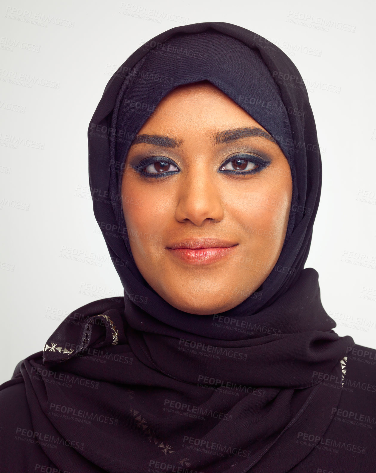 Buy stock photo Portrait, muslim and skincare with a woman in studio on a gray background for holy religion or belief in god. Face, makeup and beauty with an islamic female model wearing a traditional hijab