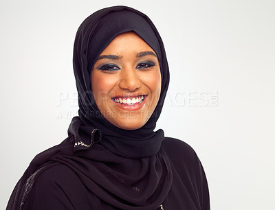 Buy stock photo Portrait, islamic and beauty with a woman in studio on a gray background for holy religion or belief in god. Face, skincare and makeup with a muslim female model wearing a traditional hijab