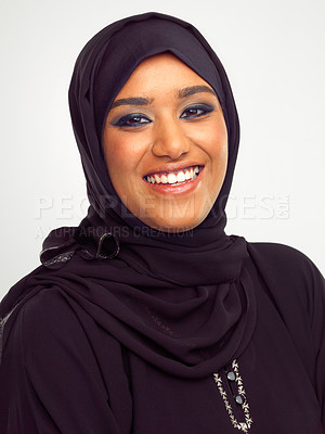 Buy stock photo Portrait, muslim and beauty with a woman in studio on a gray background for holy religion or belief in god. Face, skincare and makeup with an islamic female model wearing a traditional hijab