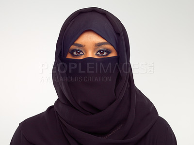 Buy stock photo Beauty, eyes and woman with a niqab in studio for religion, islamic culture and empowerment. Islam, cosmetic and portrait of muslim female model with a traditional hijab isolated by white background.