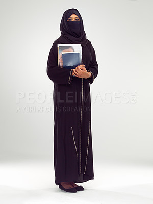 Buy stock photo Portrait, Islamic woman and books for studying, education and female isolated on white studio background. Muslim girl, lady and student in traditional clothes, academic and motivation for learning