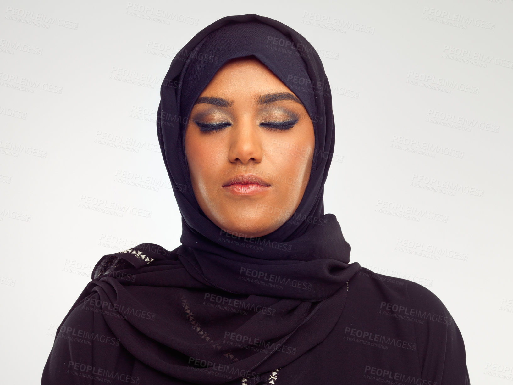 Buy stock photo Islamic woman, portrait and hijab with closed eyes for religious fashion, culture and focus mindset white background. Muslim girl, face and religion head scarf and Arabic beauty isolated in studio 