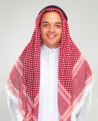 Buy stock photo Portrait, man and muslim with Arabic scarf, smile and happy isolated against white background. Faith, Islam with Islamic or Arab culture, positive mindset with vision, pride in tradition or religion
