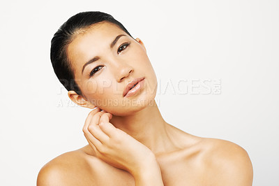 Buy stock photo Natural beauty, woman and makeup portrait with skincare and dermatology with mockup. Isolated, white background and young Asian female person with face and skin glow from cosmetics and treatment