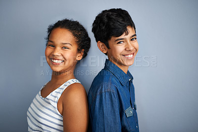 Buy stock photo Happy family, siblings or portrait in studio, care and bonding together with love in childhood. Boy, girl and teenagers in mock up with smile face, friends and support or warm affection or respect