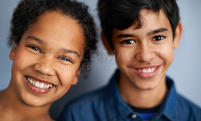 Buy stock photo Happy family, siblings or portrait in studio, closeup and bonding together with care in childhood. Brother, sister and teenagers with smile face, friends and support for warm affection or respect