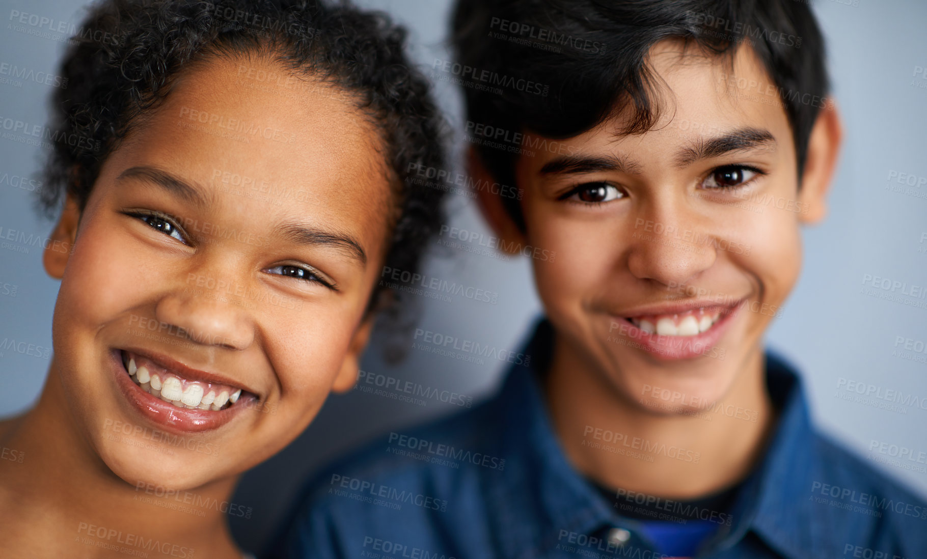 Buy stock photo Happy family, siblings or portrait in studio, closeup and bonding together with care in childhood. Brother, sister and teenagers with smile face, friends and support for warm affection or respect