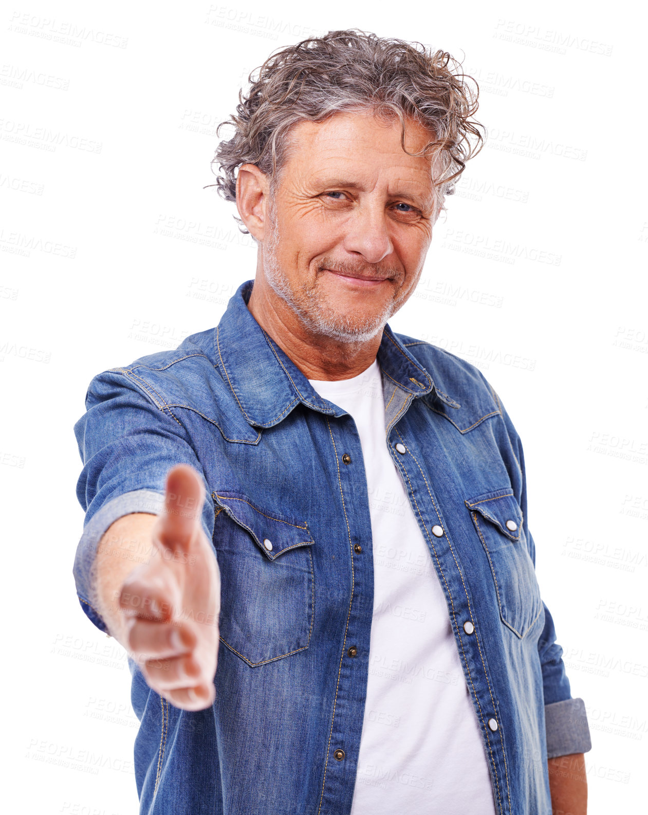 Buy stock photo Senior man, portrait and handshake for partnership, offer or welcome with introduction and gratitude on white background. Hello, thank you and shaking hands with trust, support and motivation 