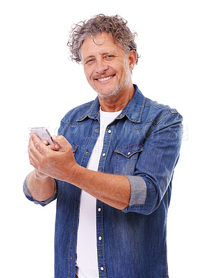 Buy stock photo Portrait of an elderly man holding a smartphone