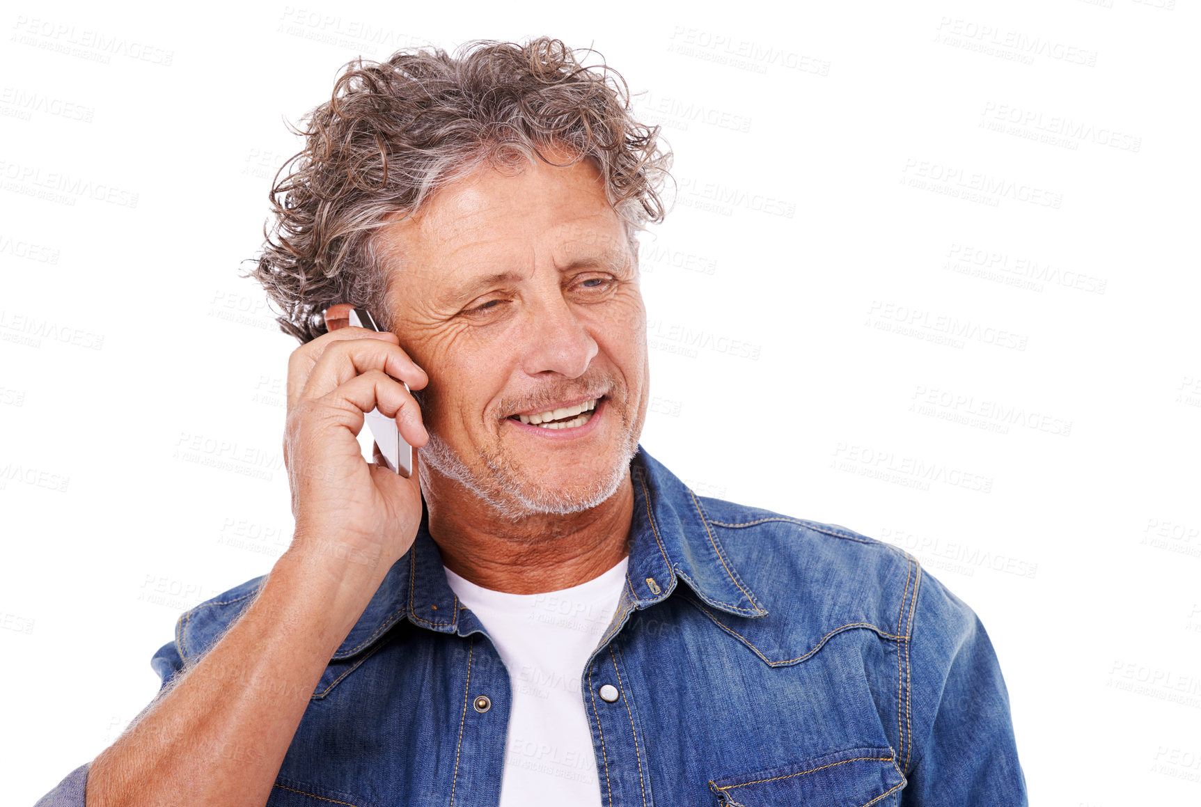 Buy stock photo Phone call, old man and communication with contact, speaking and guy isolated on white studio background. Mature person, mockup space and model with smartphone and connection with digital app ot talk