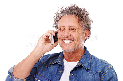 Buy stock photo Phone call, old man and communication with contact, smile and guy isolated on white studio background. Mature person, mockup space and model with cellphone and connection with digital app or speaking