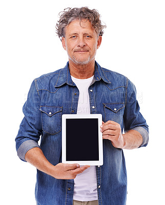 Buy stock photo Senior man, portrait and tablet for mockup, advertising and technology with app, website ads and screen on white background. Digital marketing, UX and internet connectivity in studio with online news