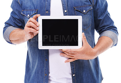 Buy stock photo Hands, man and showing tablet with screen, closeup and person isolated on white studio background. Guy, technology and model with internet or opportunity with social media, network or website info