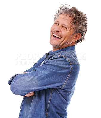 Buy stock photo Portrait, confidence and happy mature man laughing in studio isolated on a white background. Arms crossed, funny and face of person in casual clothes or denim jacket for fashion on backdrop in Canada