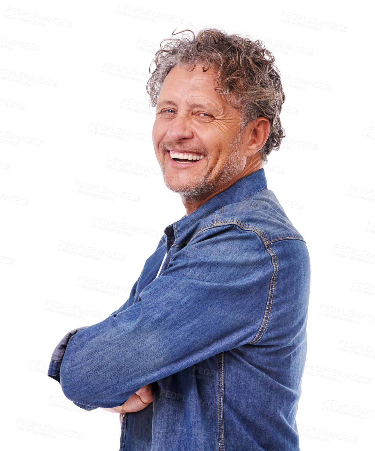 Buy stock photo Portrait, confidence and smile of mature man laughing in studio isolated on a white background. Arms crossed, funny and face of happy person in casual clothes or denim jacket for fashion in Canada