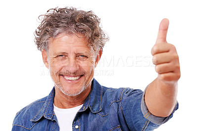 Buy stock photo Senior man, portrait and thumbs up, feedback or opinion with hand gesture for agreement on white background. Yes, success and vote with smile, motivation and thank you for positive review in studio
