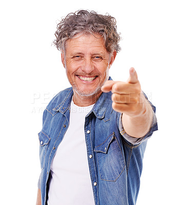 Buy stock photo Senior man, portrait and pointing at you, choice or selection with invitation to join us isolated on white background. Decision, motivation and smile with feedback, voting or offer with opportunity