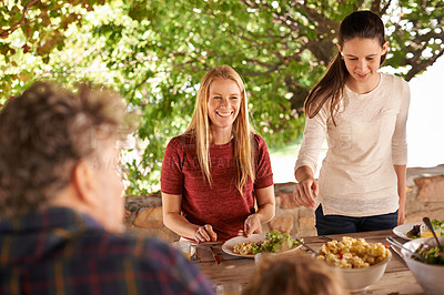 Buy stock photo Food, party or preparation with family at lunch for health, bonding or celebration. Thanksgiving, social or event with parents and children eating together for dining, generations or outdoor wellness