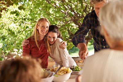 Buy stock photo Outdoor, lunch and hug with family, smile and bonding together with happiness and cheerful. Sunshine, nature or afternoon with brunch or eating with healthy meal or social gathering with joy or break