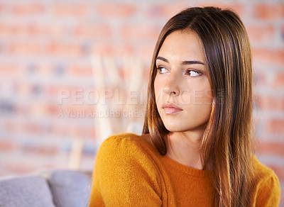 Buy stock photo Home, thinking and woman with ideas, peace and choice with weekend break and relax in a living room. Person, apartment and girl with wonder and anxiety with thoughts and brainstorming with decision
