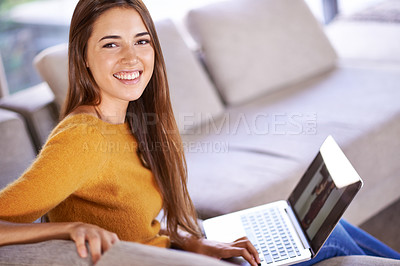 Buy stock photo Portrait, home and woman with a laptop, smile and relax with connection and internet in a lounge. Face, apartment and girl on a couch and person with computer and website information with technology