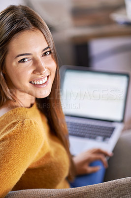 Buy stock photo Portrait, home and woman with a laptop, relax and website information with connection and internet in a lounge. Face, apartment and girl on a couch and person with computer and smile with technology
