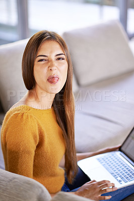 Buy stock photo Tongue out, sofa and portrait of student with laptop for elearning, remote class or research for project. Woman, digital technology and face with emoji for playful, fun and online course on website