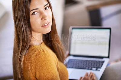 Buy stock photo Portrait, home and woman with a laptop, student and relax with connection and online learning in a lounge. Face, apartment and girl on a couch and person with computer and research with technology