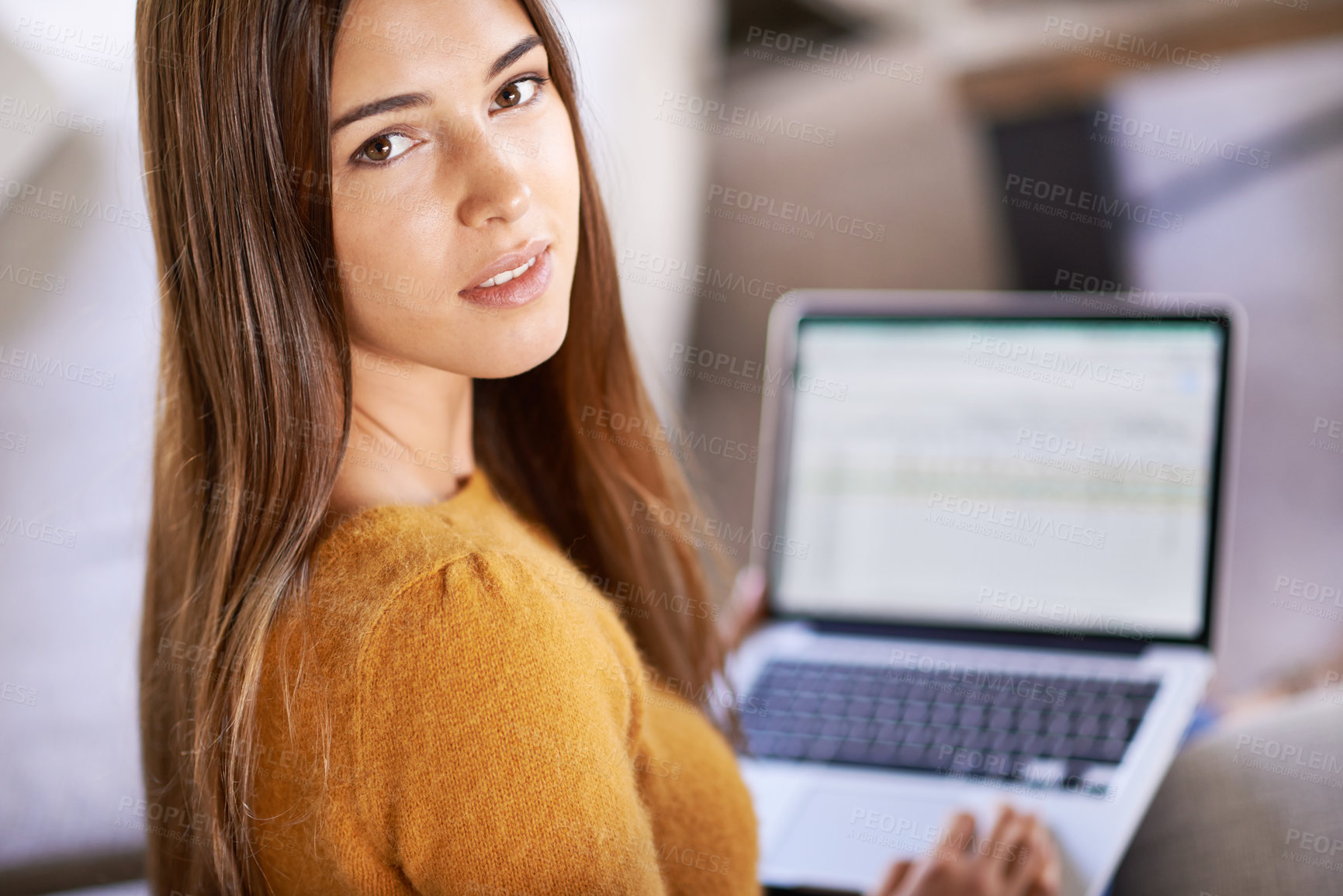 Buy stock photo Portrait, home and woman with a laptop, student and relax with connection and online learning in a lounge. Face, apartment and girl on a couch and person with computer and research with technology