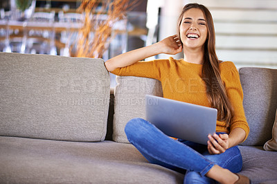 Buy stock photo Relax, home and woman with a laptop, portrait and connection with student in a lounge. Person on sofa, apartment and girl with a computer and research with website information, tech and online class
